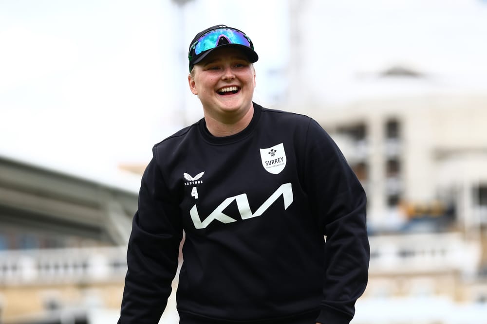 LONDON, ENGLAND - JUNE 08: Bryony Smith of Surrey looks on ahead of the Vitality Blast Women's match between Surrey and Durham Cricket at The Kia Oval on June 08, 2025 in London, England. (Photo by Ben Hoskins/Getty Images for Surrey CCC)