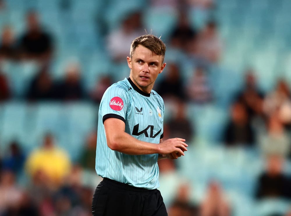 LONDON, ENGLAND - JULY 06: Sam Curran of Surrey during the Vitality Blast Men's match between Surrey and Essex at The Kia Oval on July 06, 2025 in London, England. (Photo by Ben Hoskins/Getty Images for Surrey CCC)