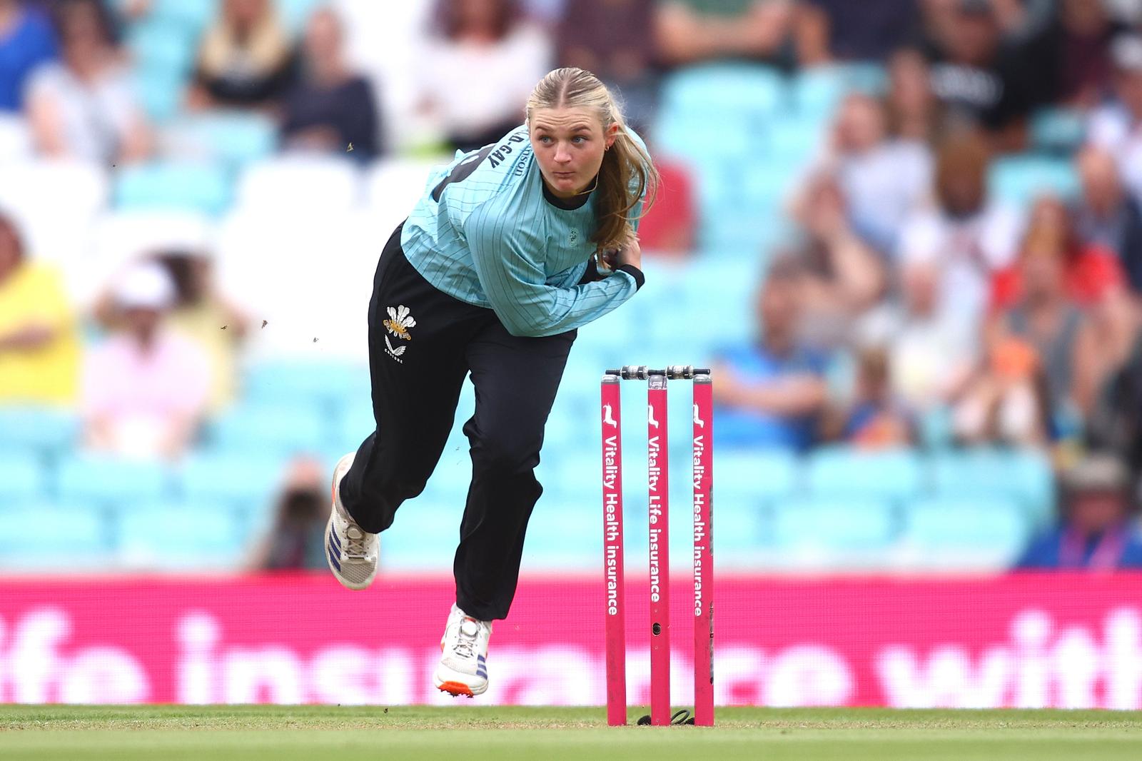 LONDON, ENGLAND - JULY 27: Ryana Macdonald-Gay of Surrey bowls during the Vitality Blast Women's Final match between Surrey and The Bears at The Kia Oval on July 27, 2025 in London, England.  (Photo by Ben Hoskins/Getty Images for Surrey CCC)