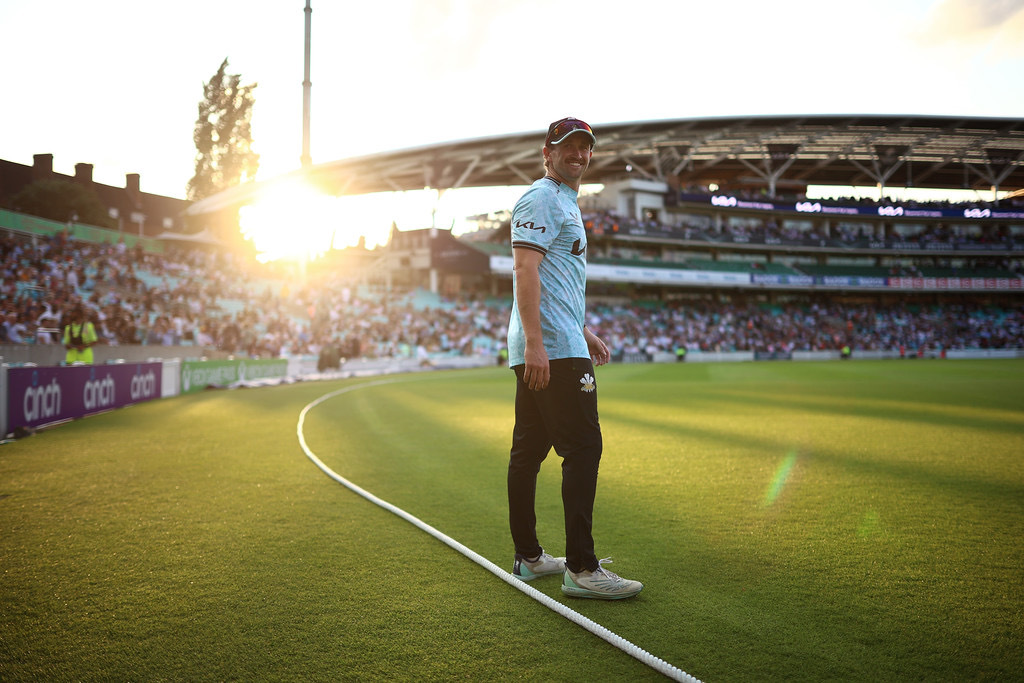 LONDON, ENGLAND - JUNE 20: Cameron Steel of Surrey looks on during the Vitality Blast T20 match between Surrey CCC and Glamorgan at The Kia Oval on June 20, 2023 in London, England. (Photo by Ben Hoskins/Getty Images for Surrey CCC)